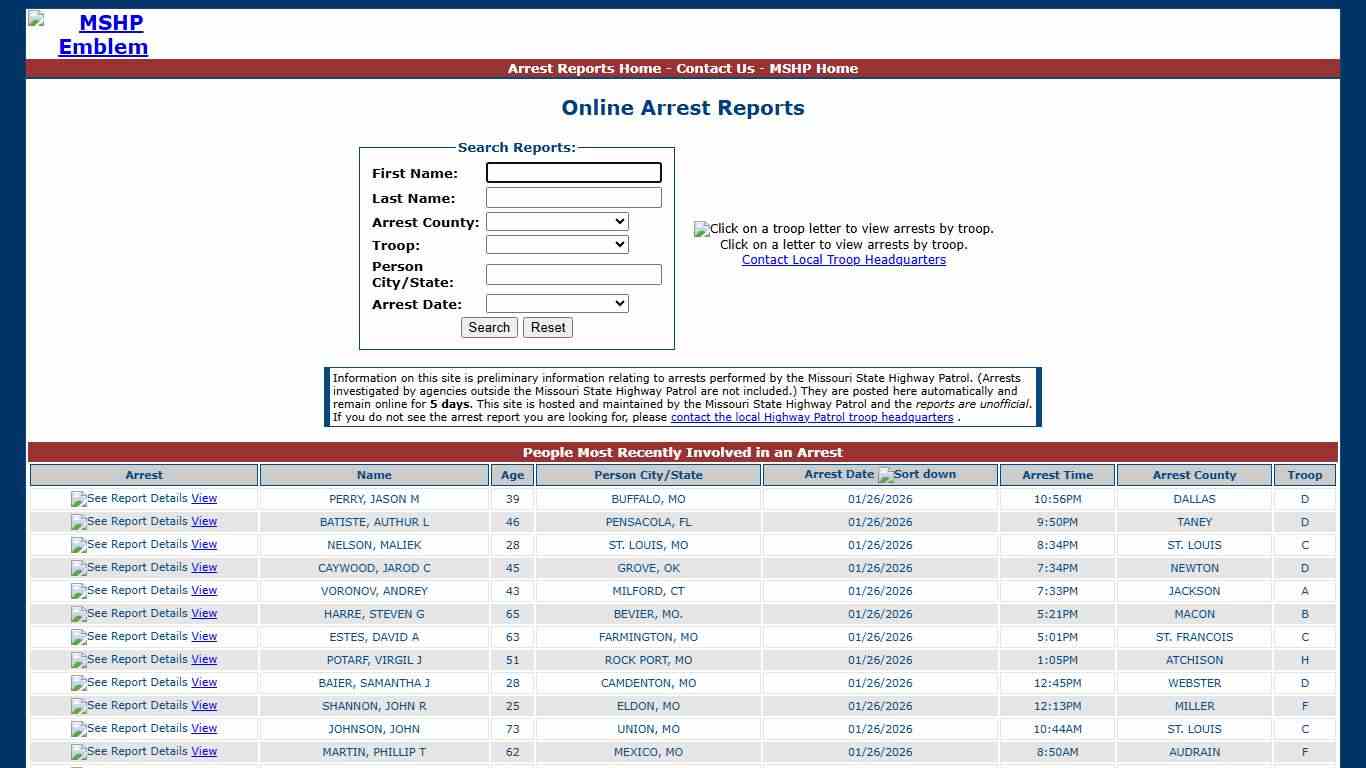 Missouri State Highway Patrol - Arrest Reports
